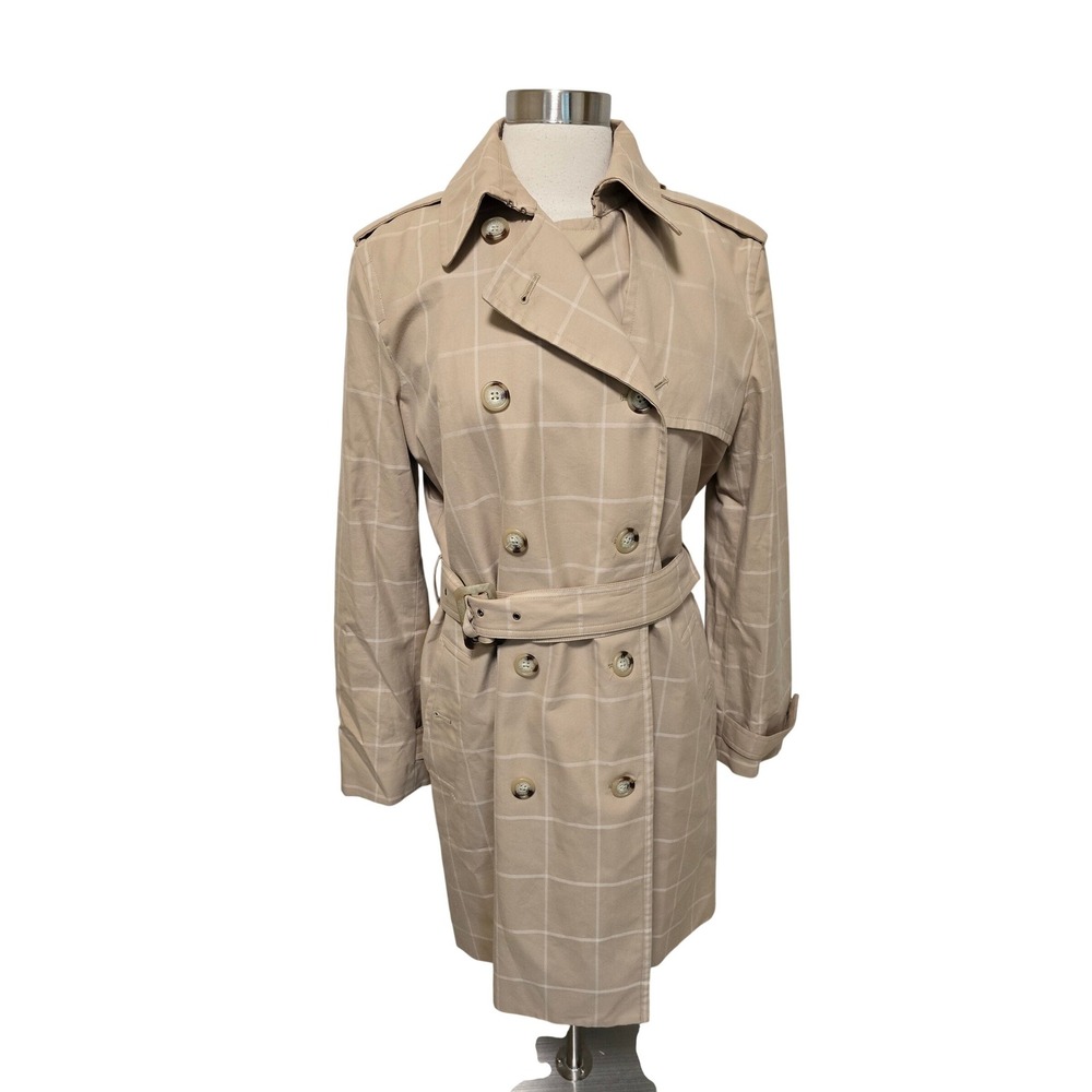 Lauren Ralph Lauren Tan Windowpane Plaid Double Breasted Trench Coat Large